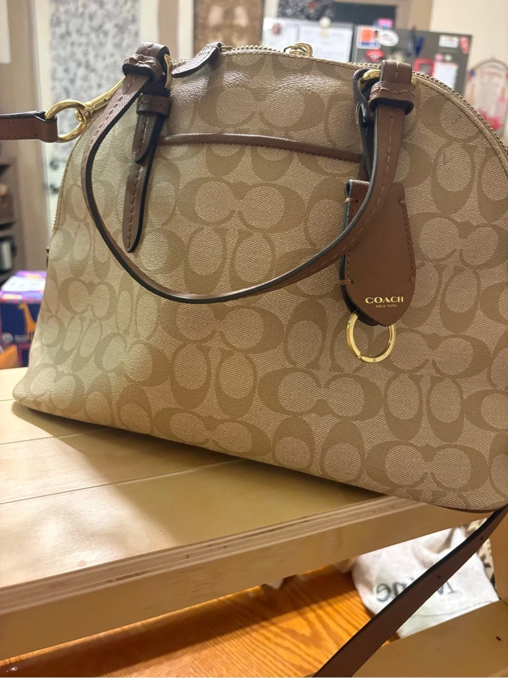 Coach Tan Signature Dome Satchel with Brown Trim - Picture 2 of 4